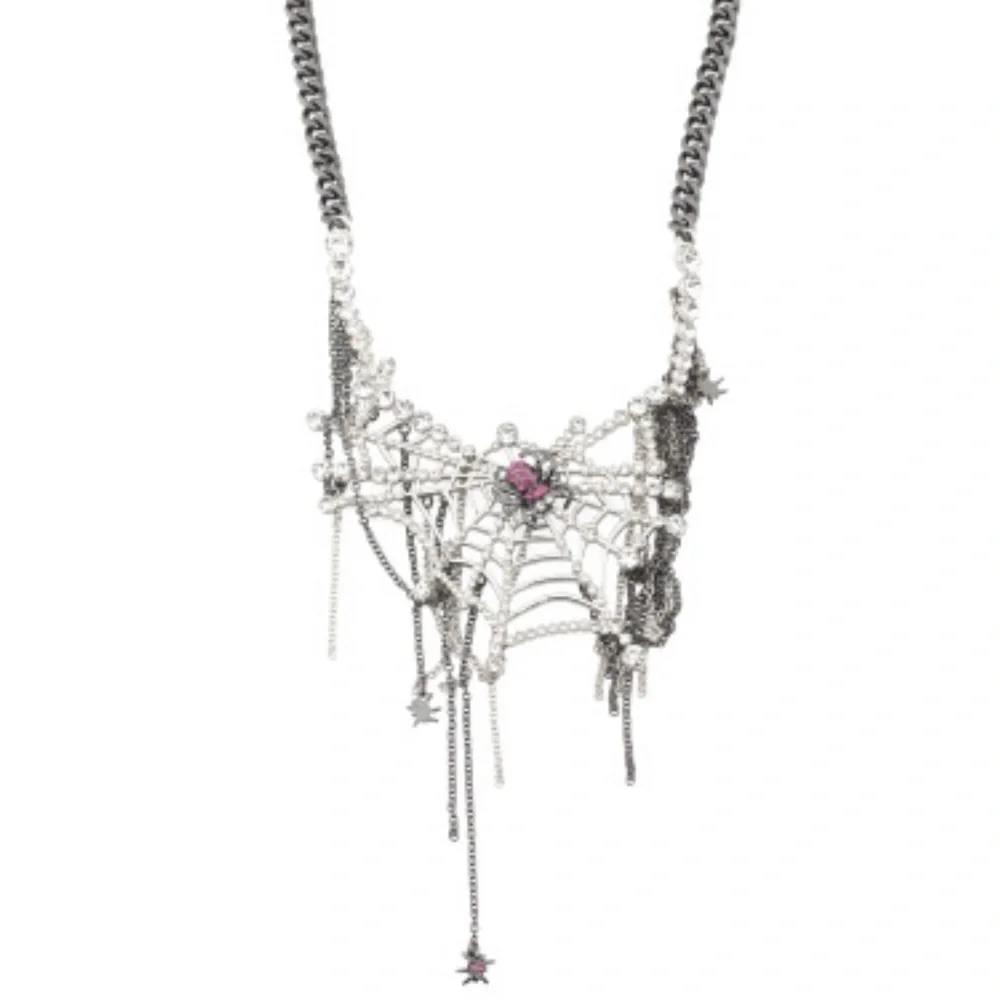 Authentic Betsey Johnson Statement Necklace - Crystal Spider Web, Gothic NWT